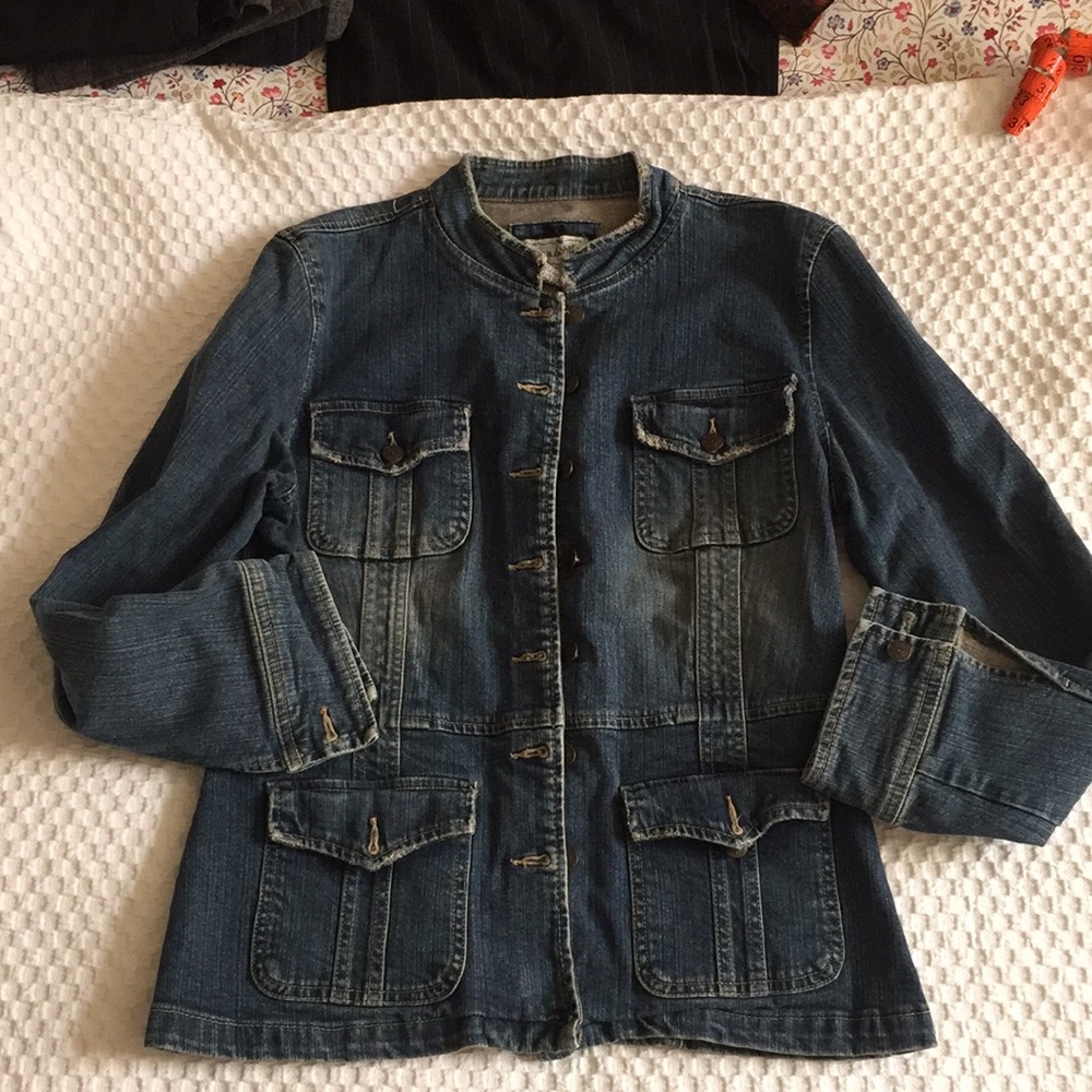 Denim jacket military inspired distressed denim